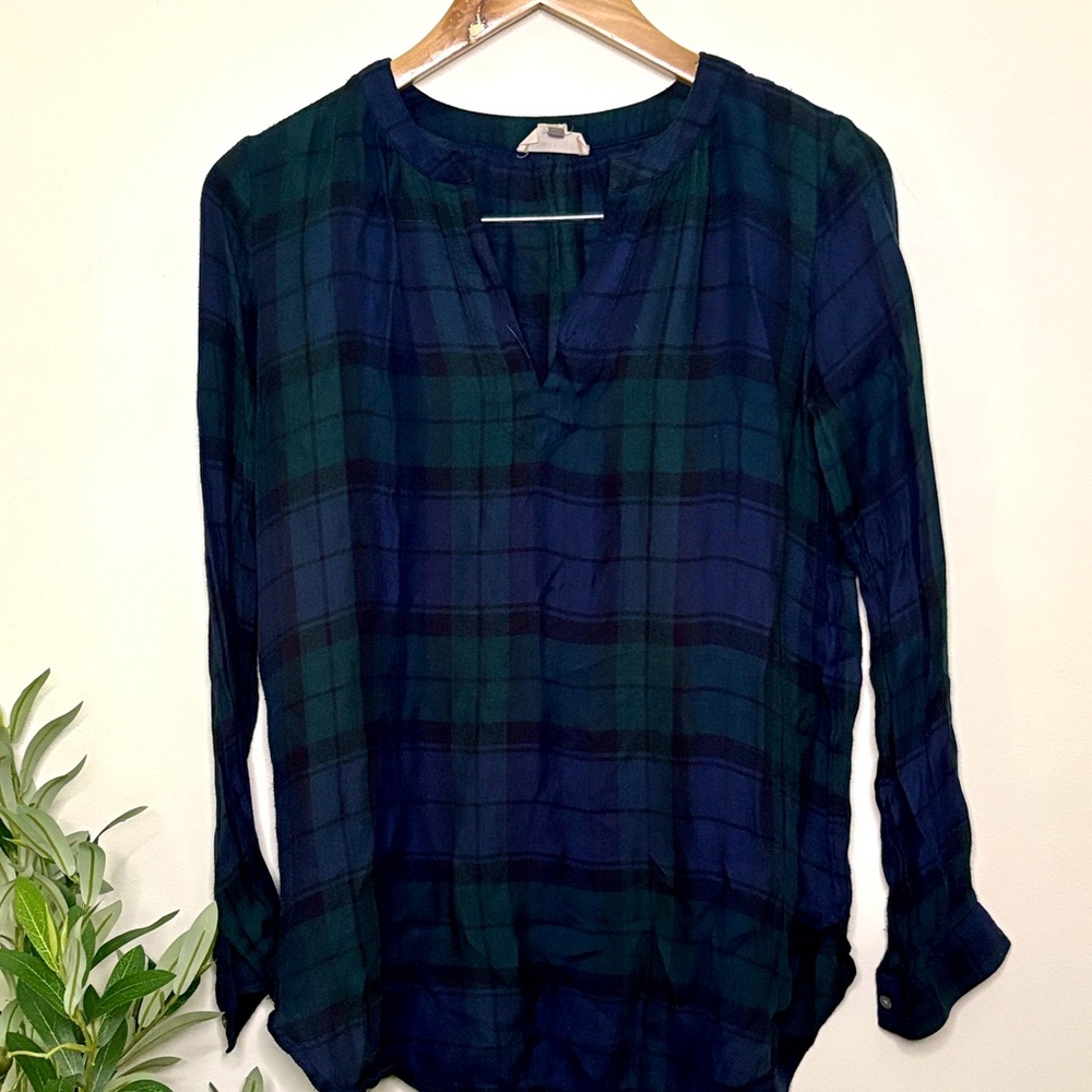 LOFT Softened Green and Blue Plaid Blouse